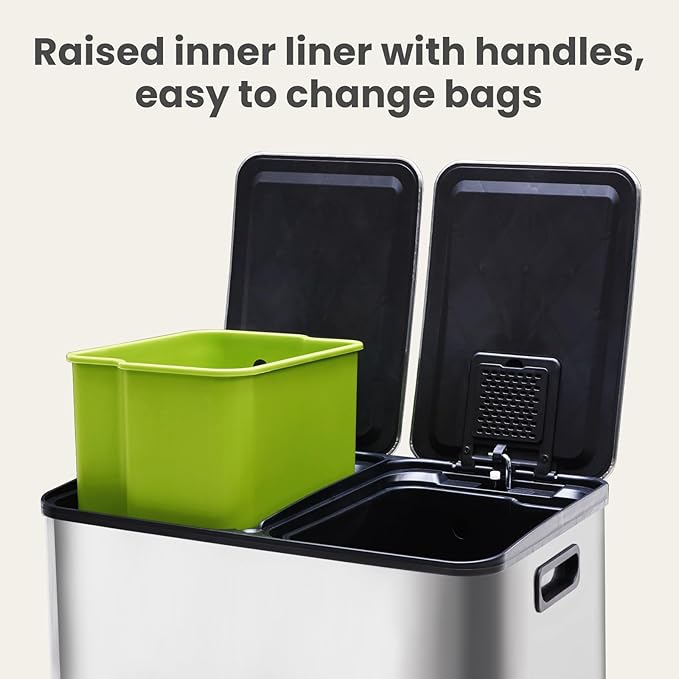 DUMOS Kitchen Trash Can, 2×8-Gallon Garbage Can with Lid, Stainless Steel Trash Bin with 2 Removable Inner Buckets, Soft-Close Foot Pedal, Fingerprint-Resistant for Kitchen Home Office