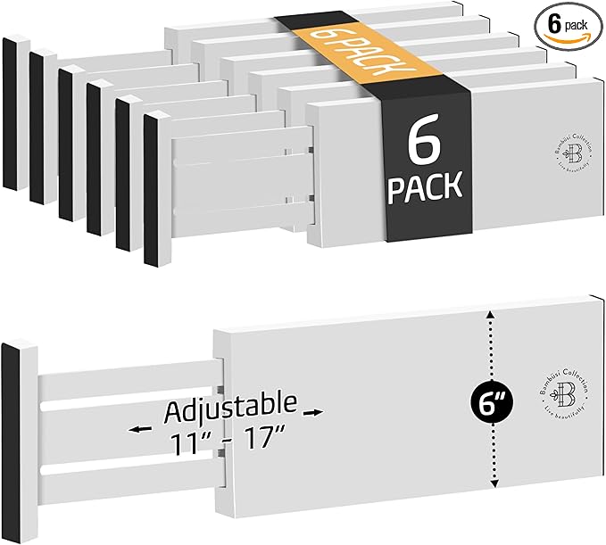 6-Pack Drawer Dividers 6 Inch High, 11”-17" Adjustable Bamboo Organizers Large Expandable Drawer Separators for Cloths, Dresser, Bedroom, Bathroom, Baby Drawer, Office & Kitchen Utensils (White)