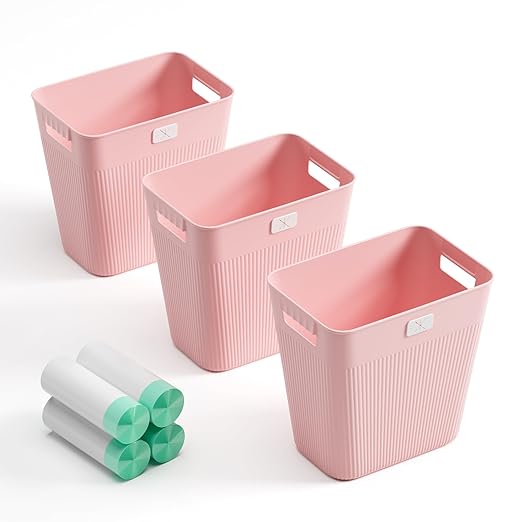 JOYMOOP Slim Trash Can 3-Pack, 2.9 Gallon Plastic Wastebasket for Bathroom, Bedroom, Office, Kitchen with 4 Rolls Bags, Pink