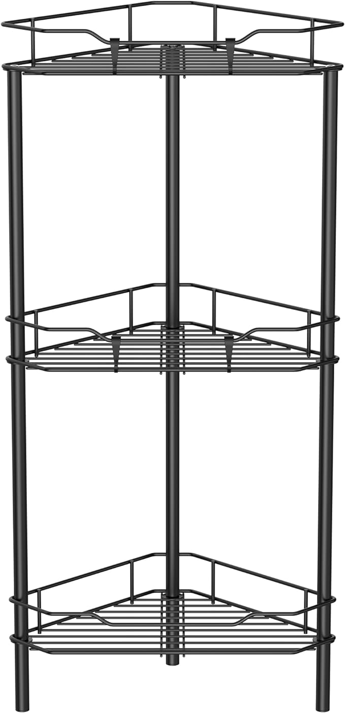 HuggieGems 3 Tier Floor Standing Corner Shower Caddy Organizer Shelf with Hooks, Bathroom Shelves Stand Rack, Black