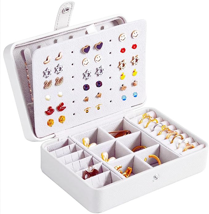 QBestry All-in-One Travel Jewelry Organizer for Women White | Small Jewelry Box with 68 Earring Holes | Compact Portable Jewelry Case for Earrings, Rings, Necklaces | Perfect Gifts for Mom Wife Girls