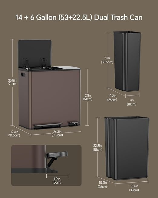 Lovewind Dual Trash and Recycling Bins for Kitchen, 13+6 Gallon Stainless Steel Garbage and Recycle Bin Combo for Large Families, Dual Trash Can with Soft Close Lid & Magnetic Stickers, Brown