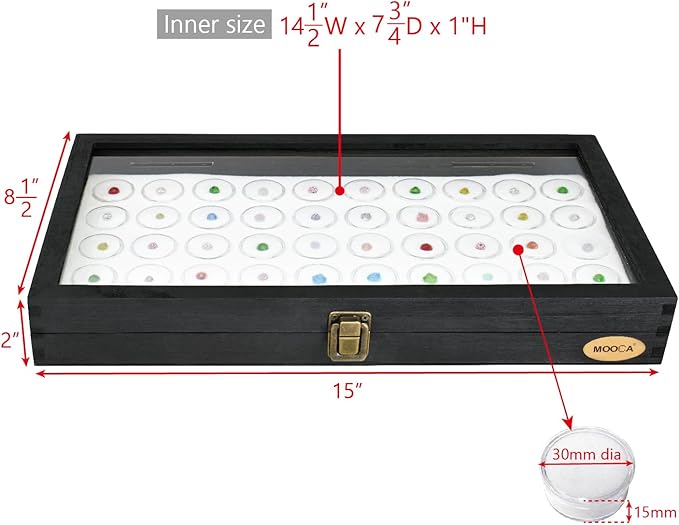MOOCA Glass Top Black Jewelry Display Case 50 Gem Jars, Ring Box, Jewelry Organizer, Gem jar storage, Glass Display Box, Ring storage White Tray with Gem Jar