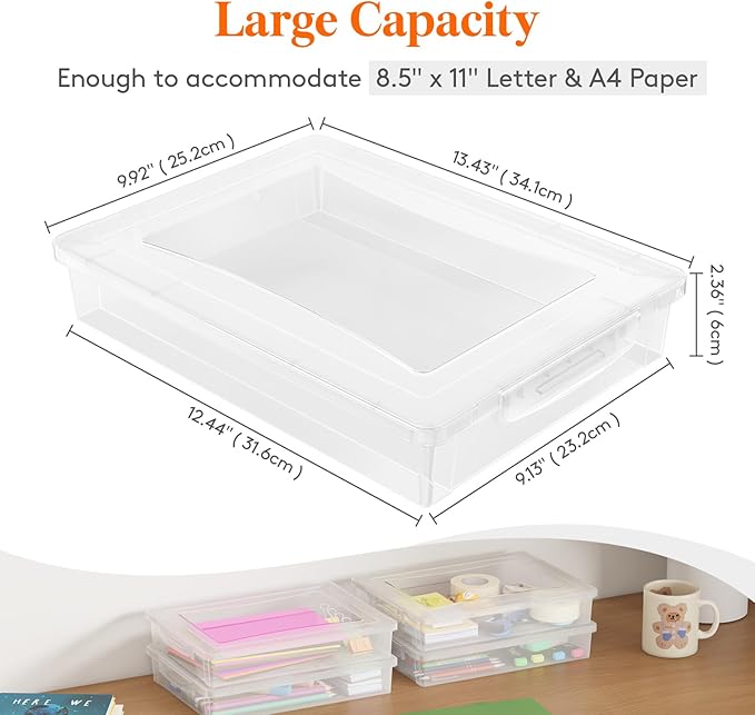 Lifewit 4 Pack Paper Organizer Storage, 32 x 23 cm/12x9 Multi-Purpose Plastic File Box with Latching Lids, Containers for A4, 8.5" x 11" Letter, Scrapbook, Document, Magazine, Art Supplies, Clear