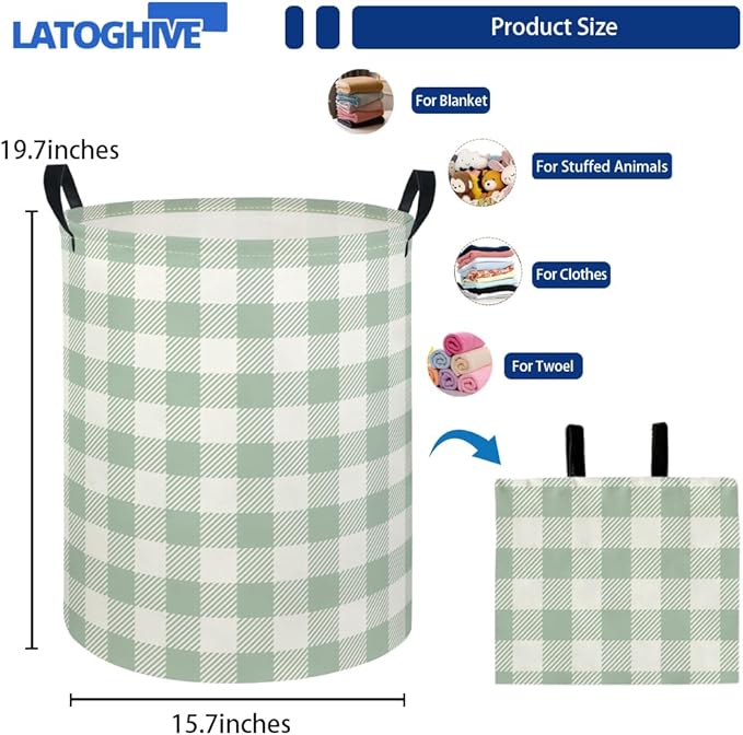 Baby Laundry Hamper kids laundry Basket Waterproof Laundry Bag for Bedroom Toy Clothes Organizer Room Décor(Green Checkered)