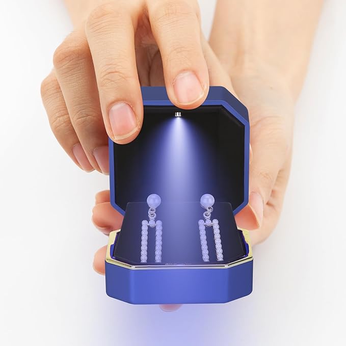 Luxury LED Jewelry Earring Pendant Stud Box, Velvet Earring Necklace Gift Box Storage Case Organizer Holder for Proposal Engagement Wedding Anniversary Birthday Ceremony (Blue)