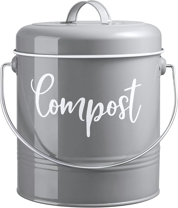 DAYYET Gray Compost Bin Kitchen, 1.3 Gallon Farmhouse Kitchen Compost Bin Countertop with Lid and Charcoal Filters, Indoor Compost Bucket for Decor and Accessories