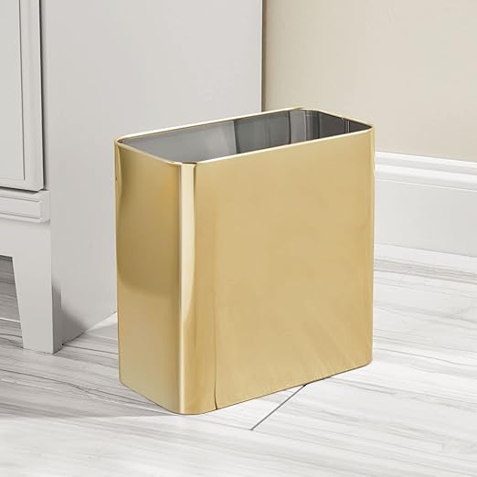 mDesign Small Metal 2.4 Gallon/9 Liter Trash Can Wastebasket Garbage Bin for Bathroom, Slim Rubbish Waste Bin Trashcans - Mirri Collection - Soft Brass