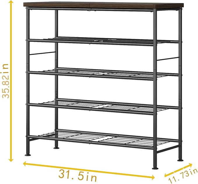 SUOERNUO Shoe Rack Organizer 5 Tier for Closet Entryway Free Standing Metal Storage Shoe Shelf with MDF Top Board，Black+Rustic Brown
