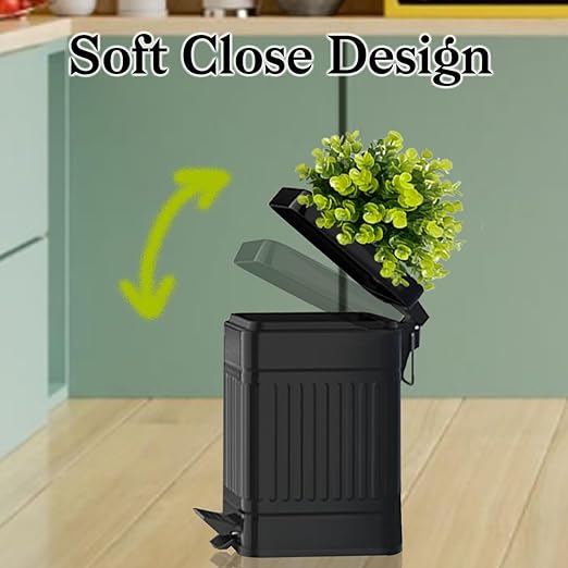 Tegneo Small Trash Can with Lid, Plant-Styled Outdoor Dog Poop Trash Can Outside, Farmhouse Retro Metal Garbage Can for Bathroom Office, Dog Waste Container with Pedal, Soft Close, 5L/1.3 Gal, Black