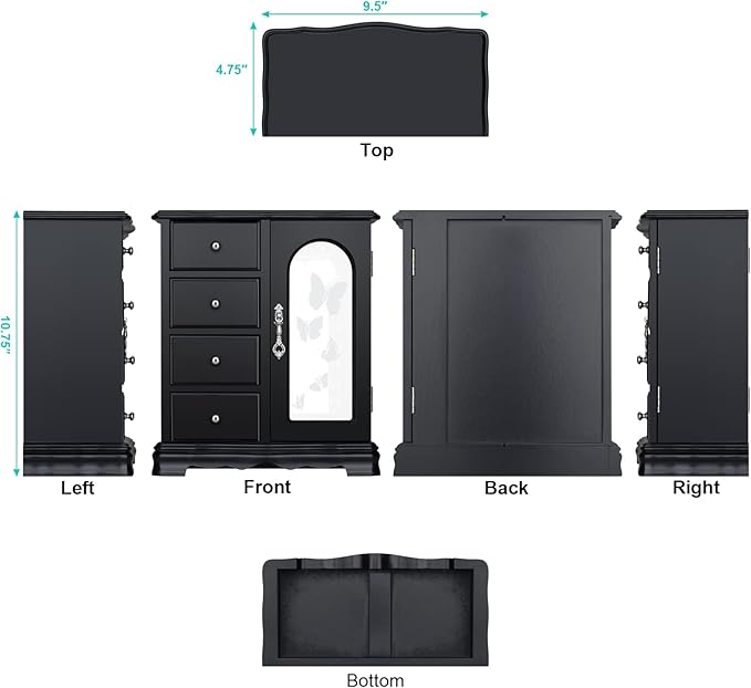 RR ROUND RICH DESIGN Jewelry Box - Made of Solid Wood with 4 Drawers Organizer and Built-in Necklace Carousel and Large Mirror Black