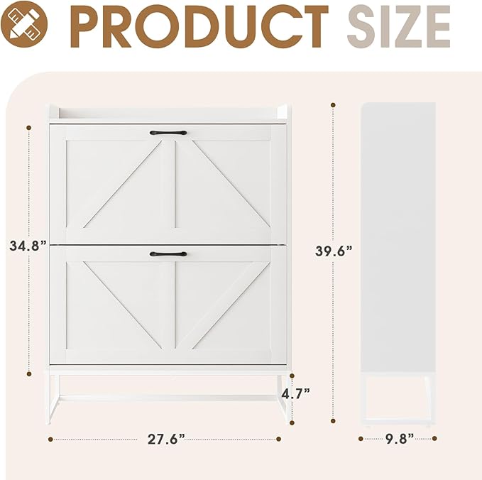 GRUSIGN Shoe Cabinet, Shoe Storage Cabinet with 2 Flip Drawers & Adjustable Shelf, Space-Saving Shoe Organizer – Holds 16+ Pairs, Narrow Shoe Cabinet Storage for Entryway/Hallway（White）
