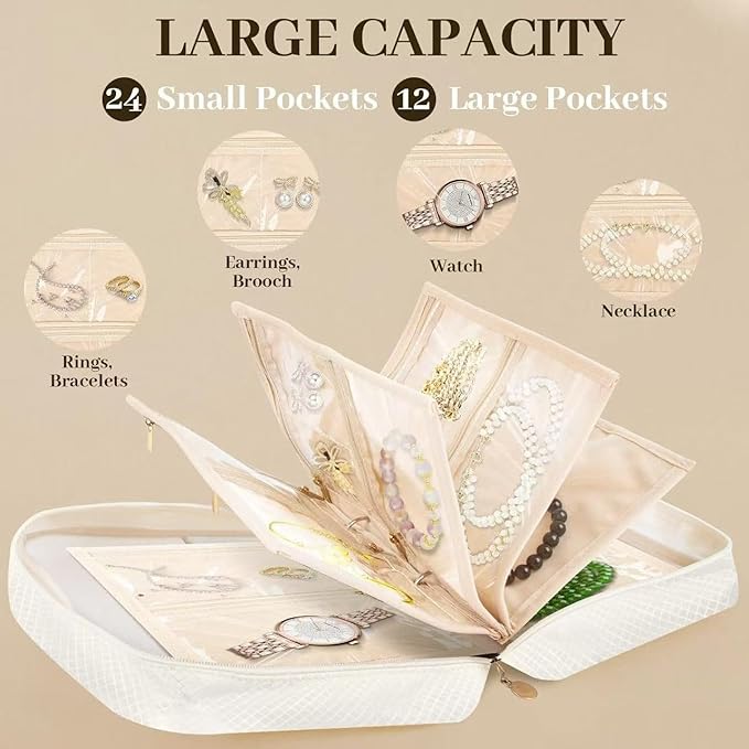 GSXRB Jewelry Organizer Travel Portable Earring Necklace Ring Jewelry Organizer Large Capacity Foldable Multi-Layer Classified Storage Bag Waterproof Antioxidant Organizer (beige)