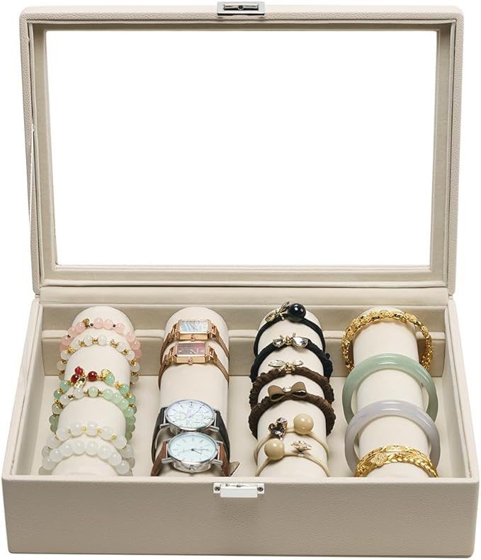 Bracelets Organizer Rods Bangles Display Holder, Clear See through Lid Leather Velvet Jewelry Storage Box Case for Women, 4 Rods Apricot Leather