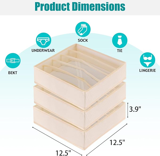 Bra Storage Drawers Organizer for Clothing Underwear Drawer Organizer Dividers Foldable Storage Cube Bins for Bra,Socks, Underwear,3 Pack （Creamy-White）