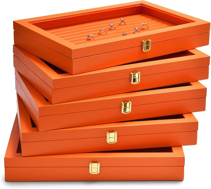 Oirlv Premium Leather Jewelry Display Tray with Acrylic Lid Ring Earrings Organizer Box Clear Lid Drawer Insert for Women