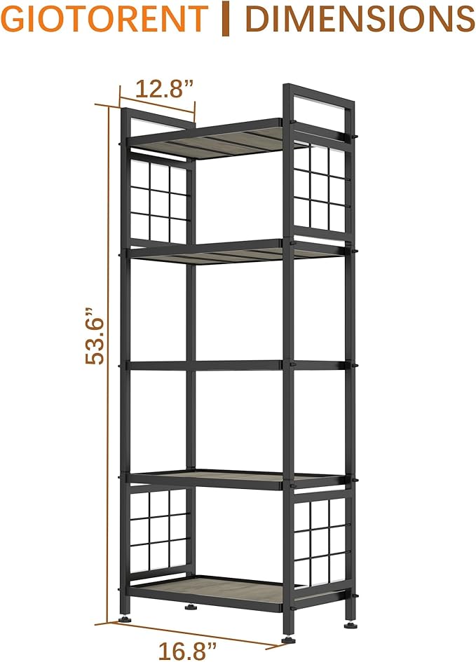 GIOTORENT 5-Tier Pantry Shelves with Wooden Boards, Heavy Duty Storage Shelves & Book Shelf, Adjustable Metal Shelving Unit for Kitchen Bathroom Laundry Organizer, Sturdy Rust-Resistant, Black