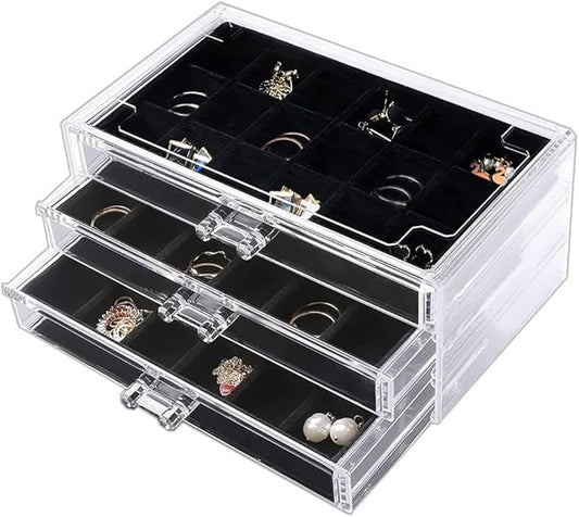 YUFONG Earring Organizer Box Acrylic Jewelry Organizer with 3 Drawers 54 Adjustable Grids Clear Stackable Earring Holder Velvet Trays Ring Display Case for Women Girls (Black)