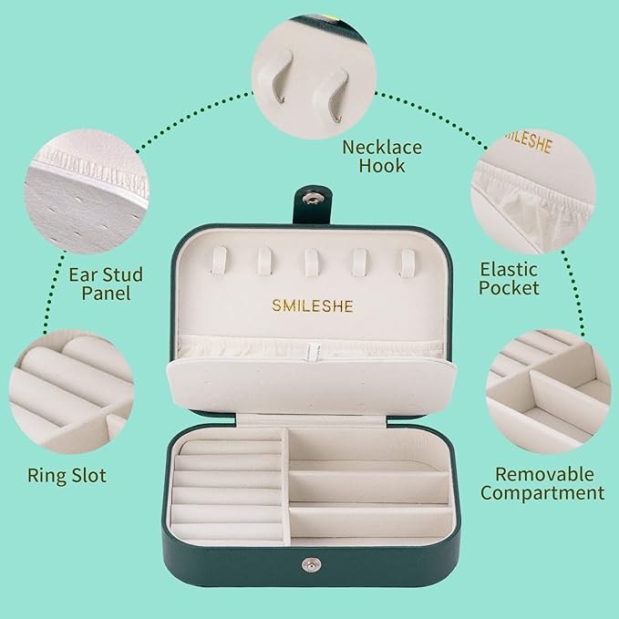 Smileshe Jewelry Box, PU Leather Small Portable Travel Case, 2 Layers Organizer Display Storage Holder Boxes for Rings, Earrings, Necklaces, Bracelets