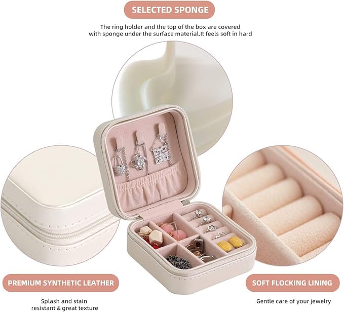 Mini Jewelry Travel Case,Small Travel Jewelry Organizer,Travel Portable Jewelry Case for Ring, Pendant, Earring, Necklace, Bracelet Organizer Storage Holder Boxes (White)