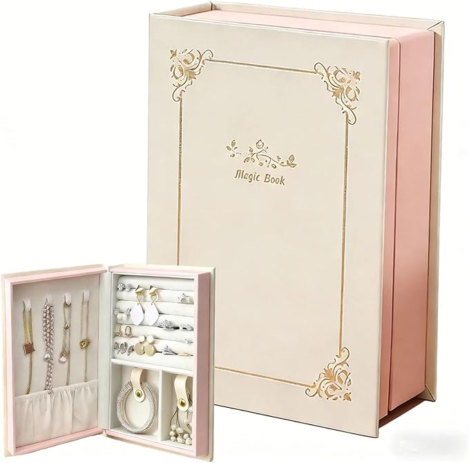PU Leather Book Jewelry Organizer Box with Magnetic Closure, Stylish Jewelry Box for Women and Girls,Travle Jewelry Case for Rings Necklaces Earring (Ashy Pink)