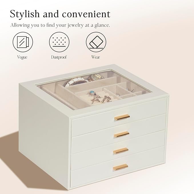 Jewelry Box with Glass Lid, 4-Layer Jewelry Organizer for Women Girls, PU Leather Display Case with 20-Grid Earring Tray & Movable Dividers for Necklaces Rings - Cloud White