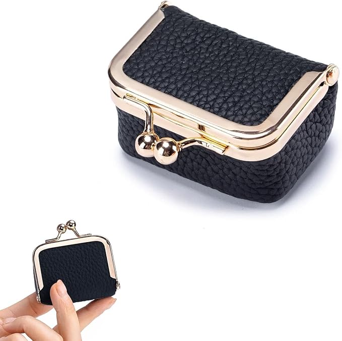 DOMELIFE Genuine travel jewelry case - Vintage Kiss Lock Jewelry Box for Women, Portable Mini Coin Purse Gift with Antique Brass Clasp for Rings and Earrings Necklace (BLACK)