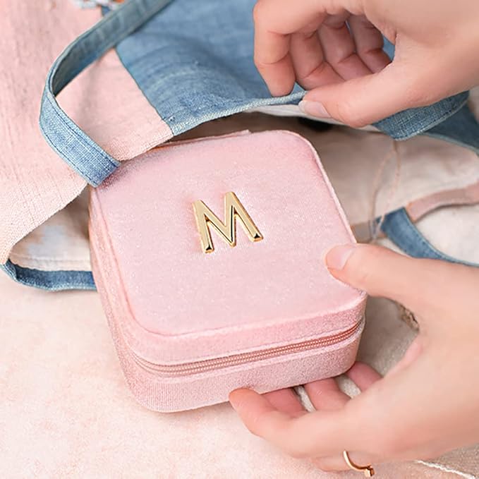 Vlando Small Travel Jewelry Box Organizer Display Case for Rings Earrings Necklaces Storage, Selected Soft Velvet, Letter M Engraved, Pink