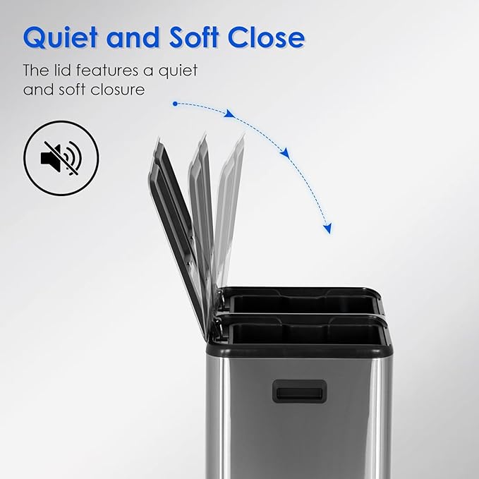 FDW Trash Can, 60 Liter (2x30L) 16 Gallon Stainless Steel Step Can, Rectangular Trash Can with Inner Buckets and Hinged Lids, Suitable for Kitchen Office Home Use,Silver