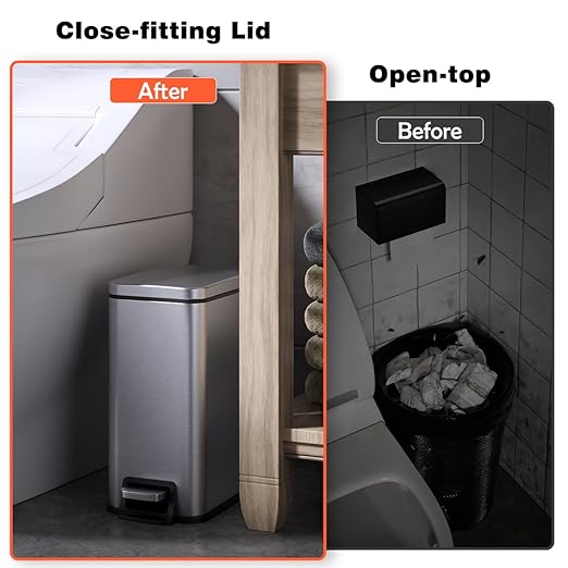 Slim Bathroom Trash Can with Lid Soft Close, 1.6 Gallon Stainless Steel Garbage Can with Removable Inner Bucket, Durable Step Pedal, Small Trash Bins for Toilet, Bedroom, Kitchen, Office