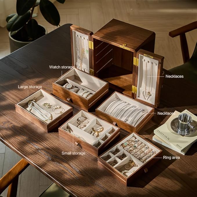 Lockable Walnut Jewelry Box with Key, 5-Layer Jewelry Organizer Storage Box for Necklaces, Rings, Earrings & Bracelets - Mothers Day Gifts for Mom