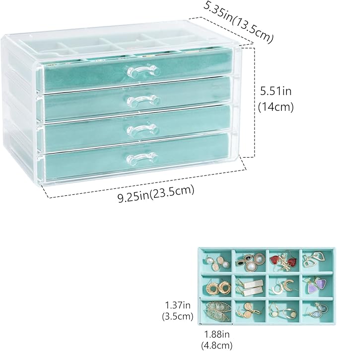 Lolalet Earring Holder Organizer Box Jewelry Storage with 4 Drawers, Clear Acrylic Stackable Earring Case with Adjustable Velvet Trays for Women on Dresser Vanity -Aqua, 4 Layers