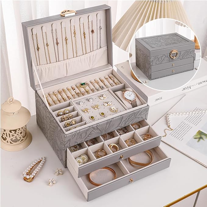 TOFUNTOY Jewelry Organizer Box, Large Jewelry Boxes for Women, 3-Layer Jewelry Holder Organizer for Necklace Earrings Rings Bracelets Storage, Gift for Her Mom