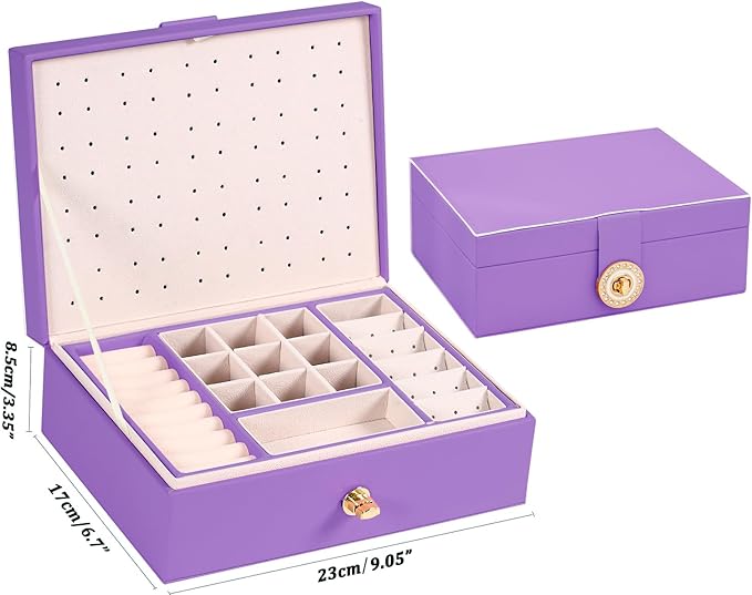 Earrings Jewelry Box for Girls, Large Capacity Jewelry Organizer with 40-Pair Earring Board, 2-Layer Leather Jewelry Storage Box for Necklaces Rings Bracelets with Removable Tray(Gift Idea),Purple