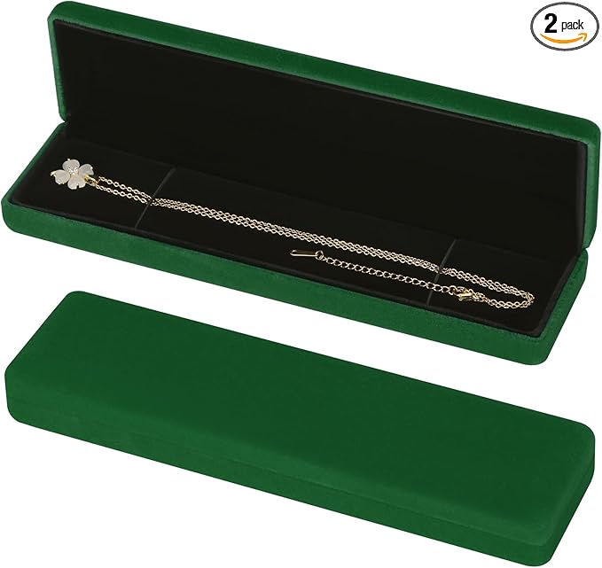KUKUVR 2 Pieces Metal Velvet Necklace Bracelet Gift Box, Soft Lining Bracelet Pendant Long Chain Organizer Holder Display Case for Wedding Engagement Birthday Anniversary (Green)