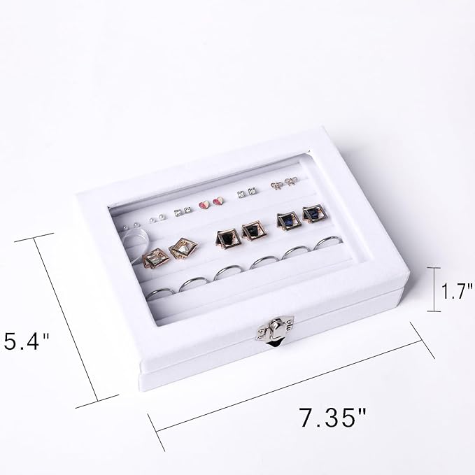Frebeauty Rings/Earring Organizer Tray with Clear Lid,7 Slots Ring Box Velvet Ring Holder Drawer Insert Jewelry Storage Box Jewelry Display Case Jewelry Box Gift for Women and Girls(7 Slots,White)