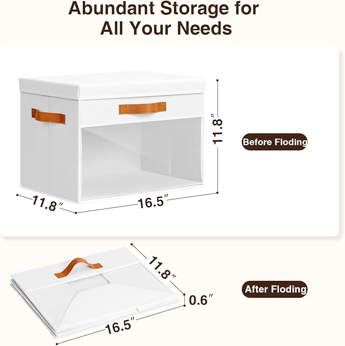 Homsorout Large Storage Bins with Lids - 4 Pack Foldable Decorative Organizers with Clear Windows & Handles, Cube Storage Organizers for Clothes, Blankets, Sweaters, CD, White