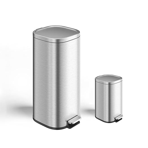 Garvee 30L & 6L Stainless Steel Step Trash Can Set of 2, 8+1.6 Gallon Rectangular Kitchen Trash Can with Quiet Close Lid, Hands-Free Foot Pedal, Powder-Coated Finish, Stainless Steel Color for Home