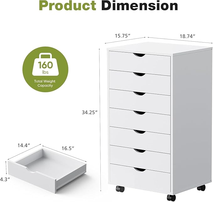 7 Drawer Mobile File Cabinet Under Desk Storage Organization with Wheels Vertical Filing Chest Rolling Wood Small Desk Printer Stand for Home Office, White