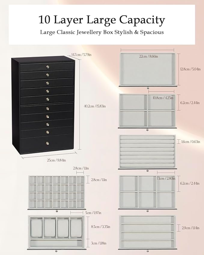 GUKA Large Jewelry Box, Jewelry Case with 10 Drawers for Big and Small Jewelry, Jewelry Storage Organizer for Watch Earrings Necklace Rings Bracelets, Birthday Wedding Gifts, Black
