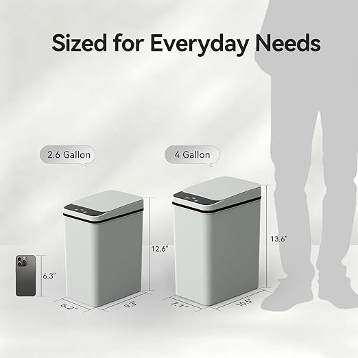 FRESHLIX Bathroom Trash Can 2.6 Gallon Automatic Small Garbage Can with Lid, Slim Motion Sensor Plastic Narrow Trash Bin for Bedroom, Kitchen, Office (A-Basic Battery Supply-Grey, 1 Pack(2.6 Gallon))