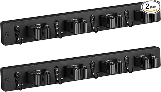 OUTNILI 2 Pack Black Mop Broom Holder Wall Mount - Wood Broom Mop Hanger - Wall Mounted Garden Tool Rack Organizer for Closet Garage Laundry Room, 4 Slots & 4 Hooks