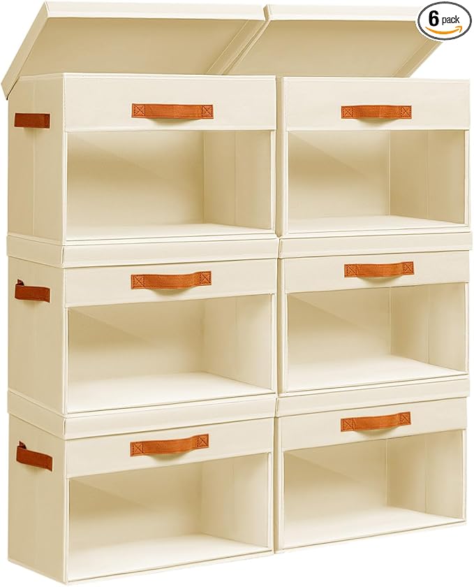 Homsorout Large Storage Bins with Lids - 6 Pack Foldable Decorative Organizers with Clear Windows & Handles, Cube Storage Organizers for Clothes, Blankets, Sweaters, Sheets, Beige