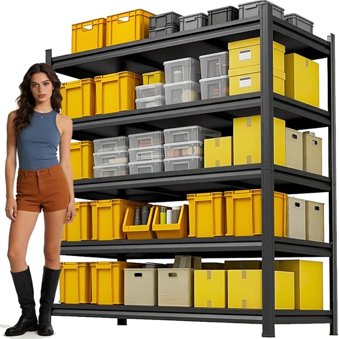 72''H Garage Shelving, 5 Tier Heavy Duty Shelving, Garage Storage Shelves, 3000 lbs Capacity Adjustable Standing Shelf and Thickened Double-Layer Posts for Garage,Warehouse,Basement, Black