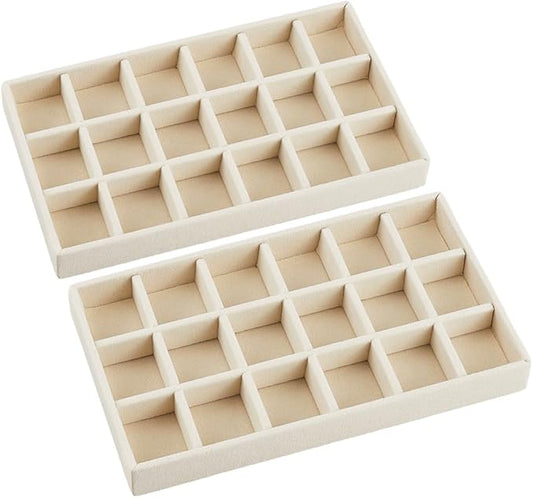 2Pcs 5 x 8.3 Inch Jewelry Box Tray Velvet Jewelry Drawer Insert Antique White 18 Grids Divided Stackable Necklace Storage Container Dresser Drawer Case for Earring Rings Display Showcase