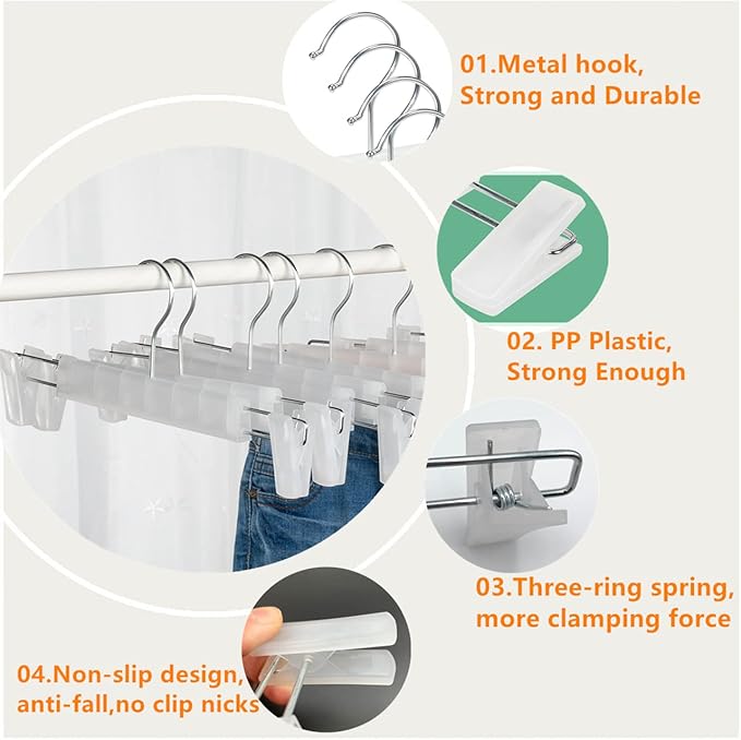 10 Pack Skirt Hangers，Pants Hangers with Clips，360 ° Swivel Hooks Space Saving Hangersfor Pants, Skirts, Clothes, Jeans，Translucent