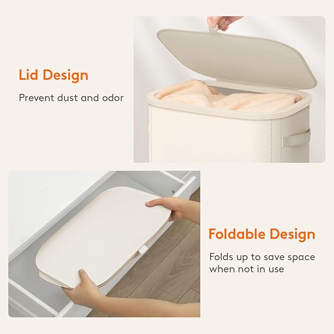 Lifewit Slim Laundry Basket with Lid, Narrow Large Laundry Hamper with Plastic Handles and Removable Bag, Tall Foldable Dirty Clothes Hampers for Laundry Room, Bedroom, Bathroom, Dorm, 65L White