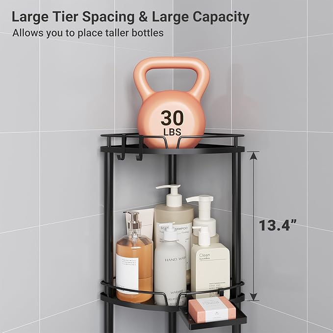 ELYKEN Corner Shower Caddy Standing, 4 Tier Rustproof Metal Shower Organizer with Soap Holder, Floor Shower Corner Shelf Rack Storage Stands with Adjustable Feet & 2 Hooks for Bathroom, Black