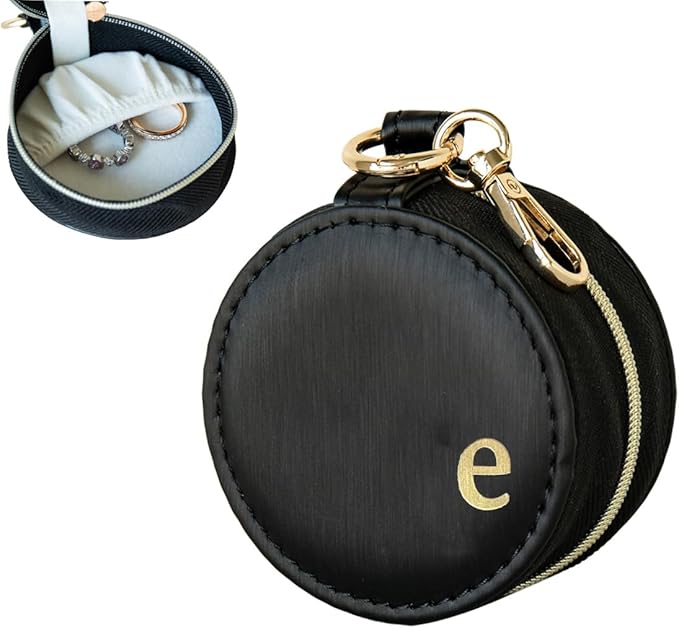 COLLECTIVE HOME - Monogrammed Letter Jewelry Case, Portable Travel Ring Holder Box with Keychain, Personalized Initial Organizer for Earrings Necklaces, Gift for Her (Black-e)