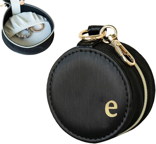 COLLECTIVE HOME - Monogrammed Letter Jewelry Case, Portable Travel Ring Holder Box with Keychain, Personalized Initial Organizer for Earrings Necklaces, Gift for Her (Black-e)